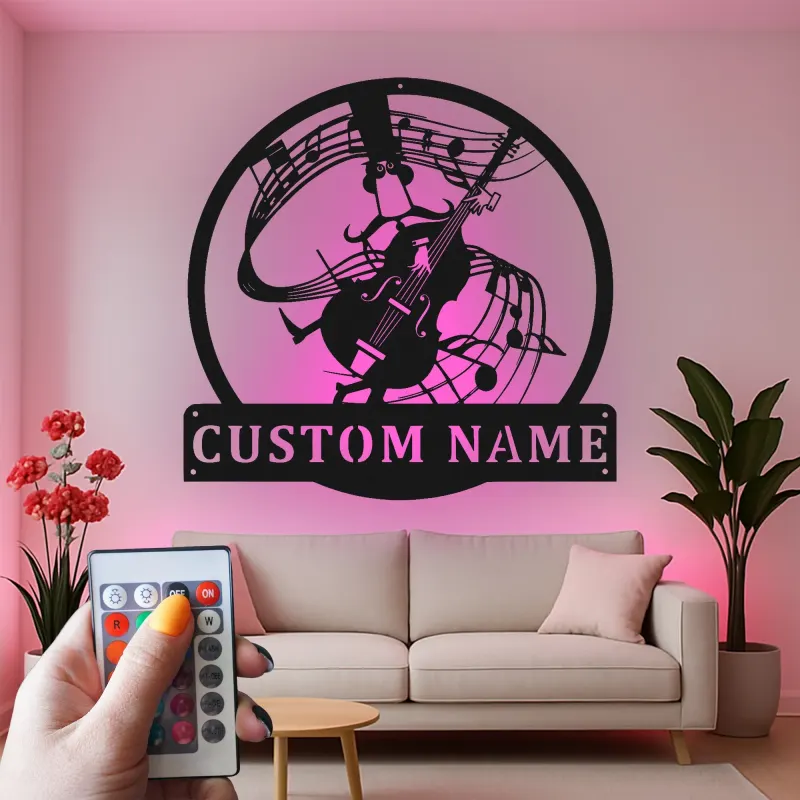 Decorazione LED personalizzata in metallo per contrabbasso | Insegna con silhouette di musicista | Arredo e regalo su misura per studio musicale