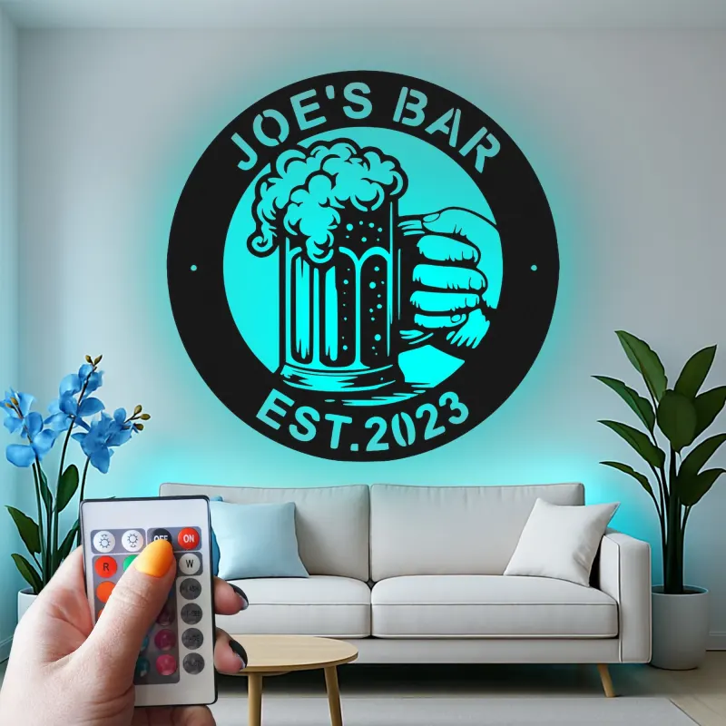 Décoration murale en métal personnalisée Chope de Bière avec Rétroéclairage - Cadeau de Bar pour Lui, Décor de Bar à Domicile ou de Cave à Hommes