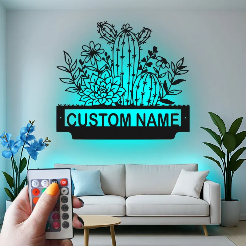 Custom Cactus Succulent Led Light Metal Wall Art Personalized Gift for Plant Lovers Bedroom or Living Room Decor