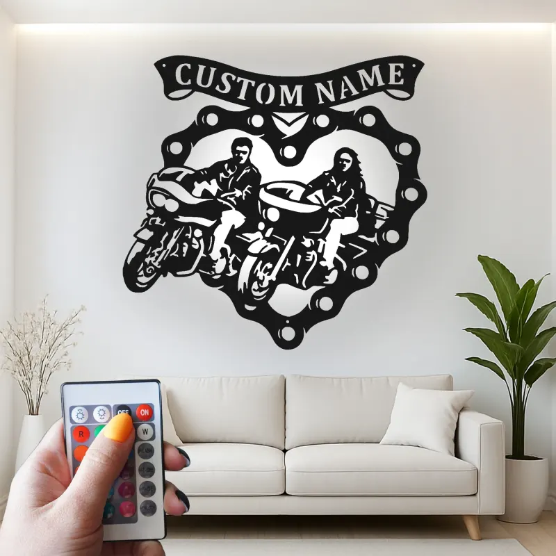 Personalisierte LED-beleuchtete Metall-Wandkunst für Motorradpaare – Biker Geschenk für Ihn oder Sie, Garagen- oder Man Cave Dekor