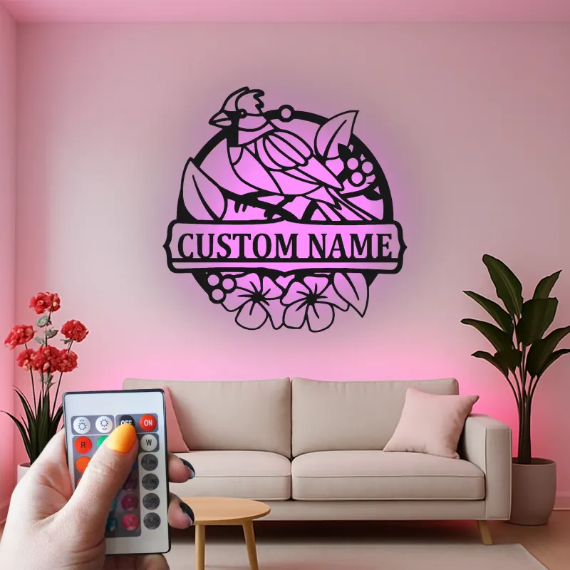 Insegna in metallo personalizzata con uccello e fiori e luce LED regalo per amanti della natura decorazione per soggiorno o giardino