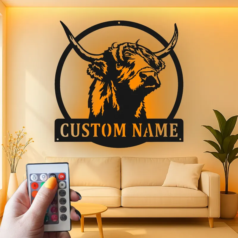 Highland Cow LED Metal Sign | Custom Name Wall Art | Rustic Farmhouse Decor for Rancher & Home Bar