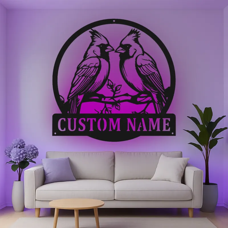 Personalisierte LED-Metall-Wandkunst mit Kardinalpaar – Geschenk für Vogelliebhaber, Naturdeko fürs Wohnzimmer