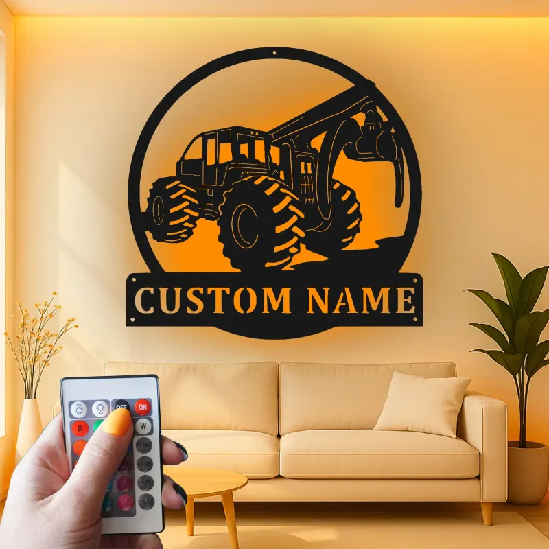 Cartel de metal personalizado para skidder | Arte mural de metal LED para cabaña | Regalo personalizado para leñadores y decoración forestal