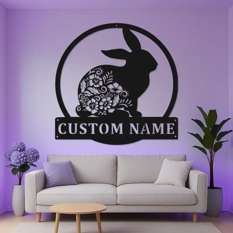 Personalized Rabbit Sign with LED | Custom Floral Bunny Metal Wall Art | Boho Nursery Decor | Unique Easter & Rabbit Lover Gift