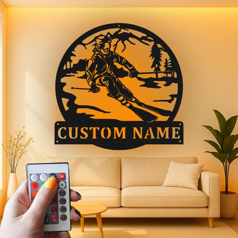 Personalisierte LED Metall-Wandkunst mit Skifahrer | Individuelles Ski-Hütten-Schild | Geschenk für Wintersportler | Alpen-Cabin-Dekor