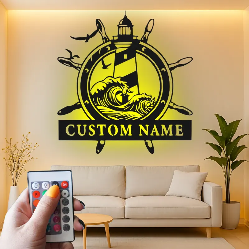 Custom Lighthouse Wall Art | Personalized LED Metal Sign with Nautical Waves | Beach House Decor & Sailor Gift