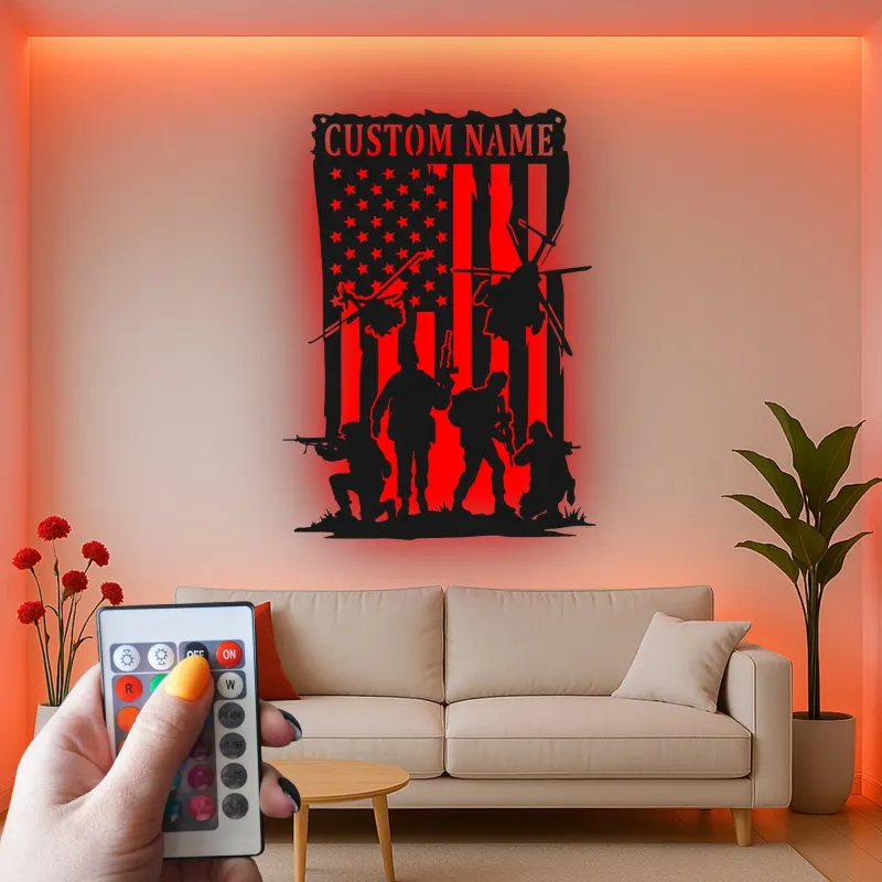 Panneau Militaire Personnalisé | Art en Métal Silhouette de Soldat | Décor LED Drapeau Américain pour Anciens Combattants