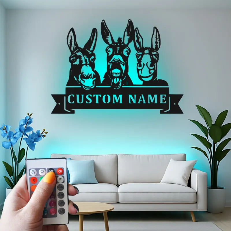 Insegna in metallo LED Donkey Trio Personalizzata Regalo per Fattoria Decorazione Casa Rustica