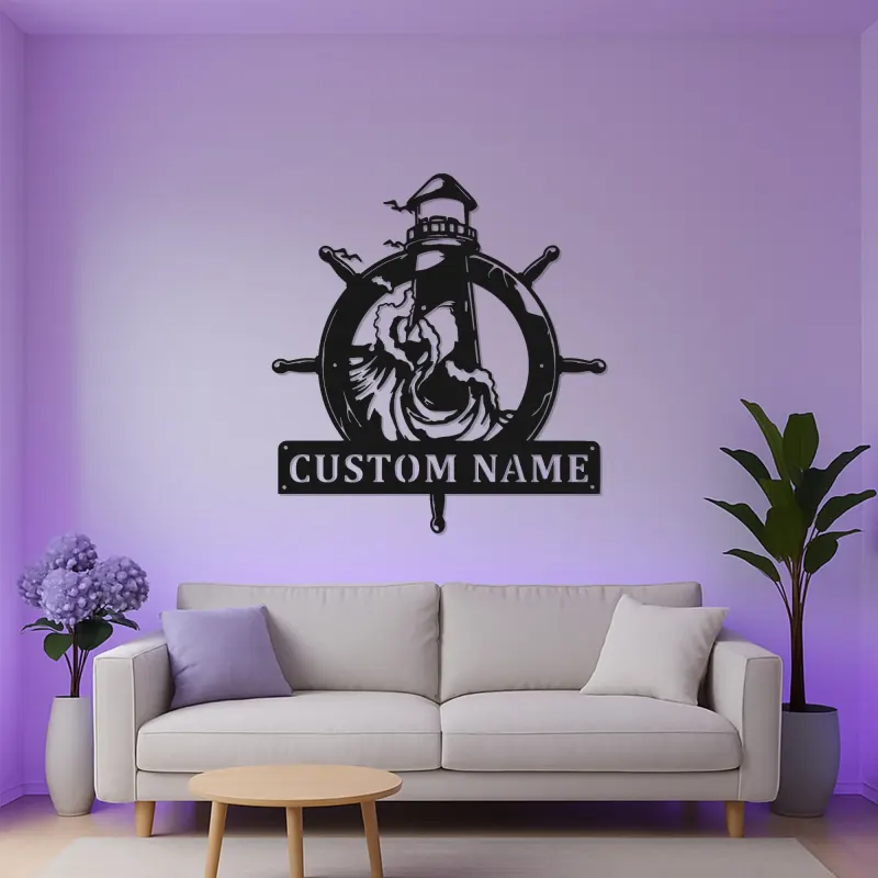 Custom Lighthouse Metal Sign | LED Nautical Wall Art | Personalized Ship Wheel Decor for Beach House | Maritime Gift