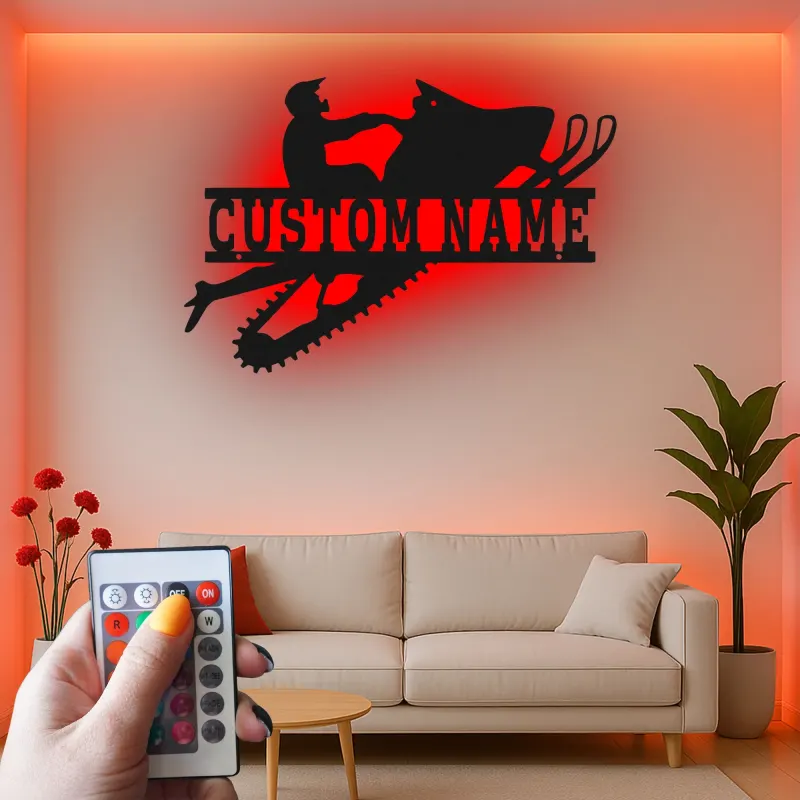 Cartel de metal personalizado de moto de nieve | Arte mural LED | Decoración de deportes de invierno a medida para el man cave o garaje