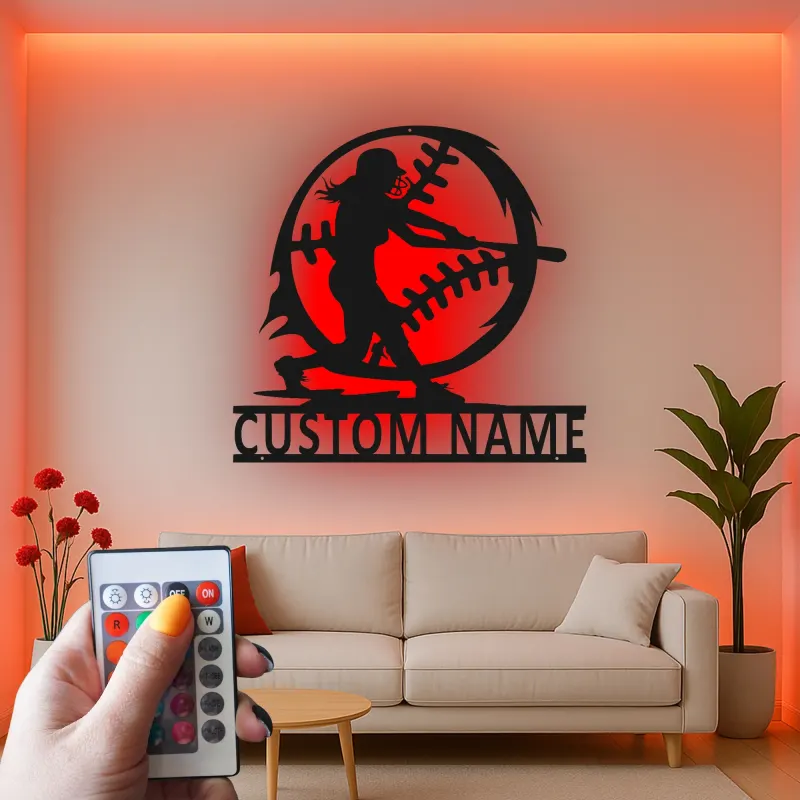 Softball Player Custom Name Sign | LED Metal Wall Art for Athlete's Room | Personalized Sports Decor Gift