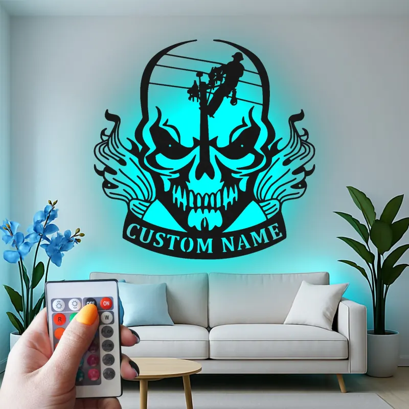 Insegna in Metallo con Teschio per Lineman | Arte da Parete LED Personalizzata per Elettricista | Decorazione per Man Cave e Insegna per Laboratorio | Regalo per Lui