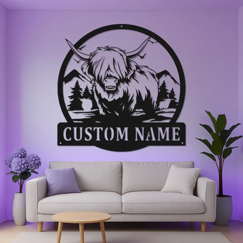 Decoración mural de metal LED de vaca de las Highlands | Letrero personalizado para rancho con luces | Decoración farmhouse personalizada para hogar y negocio