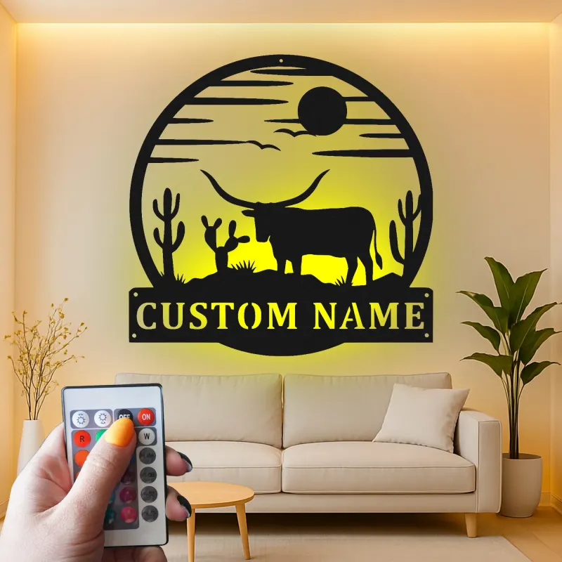 Cartel LED Texas Longhorn | Arte mural de metal para rancho | Decoración rústica occidental para vaqueros