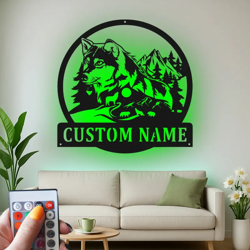 Custom Wolf Led Light Metal Wall Art Personalized Gift for Nature Lovers Rustic Cabin Decor