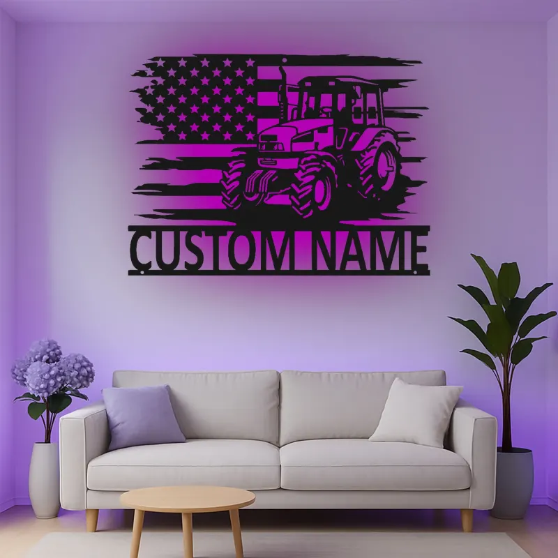Personalisierte LED-beleuchtete Metall-Wandkunst Traktor und Amerikanische Flagge Geschenk für Landwirte Rustikale Landhausdekoration