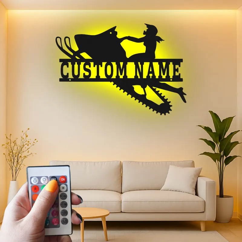 Personalisierte LED-Beleuchtung Metall-Wandkunst für Schneemobilfahrer – Geschenk für Schneemobil-Enthusiasten, Garage oder Hüttendekoration