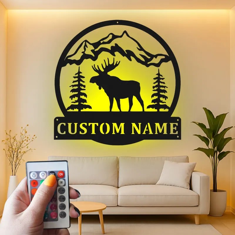 Insegna in metallo Bull Moose personalizzata | Arte murale illuminata con LED della fauna selvatica | Decorazione rustica per cabin | Regalo personalizzato per lodge