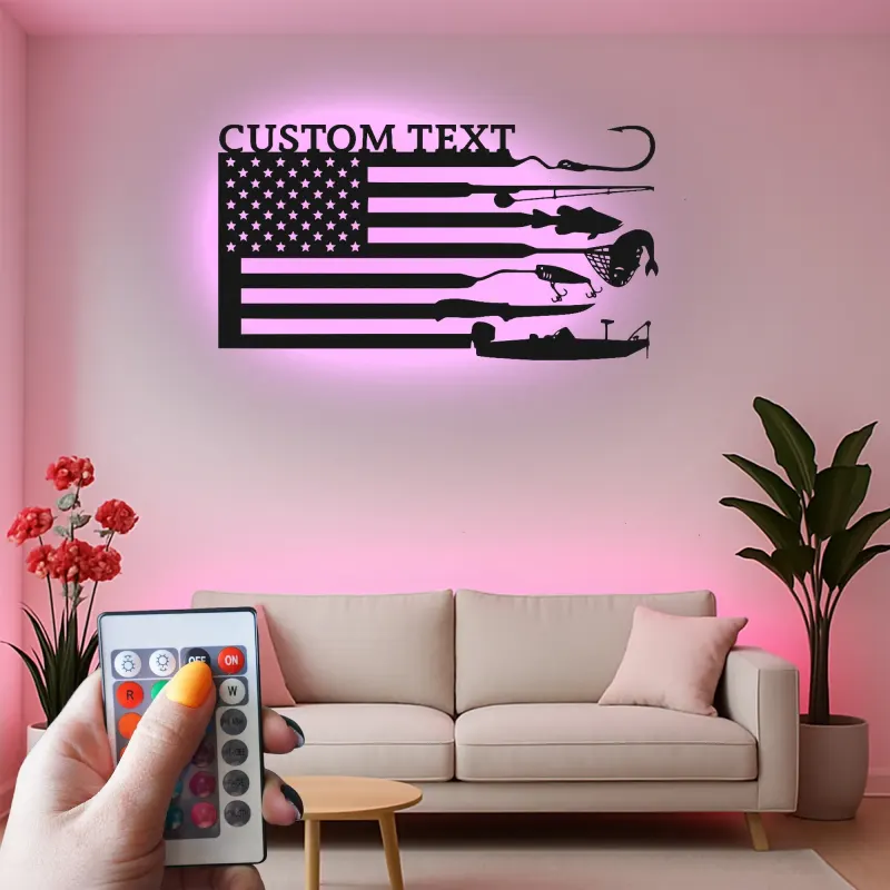 Panneau LED drapeau de pêche sur mesure | Décoration murale en métal personnalisée | Cadeau patriotique pour pêcheur | Déco maison de lac