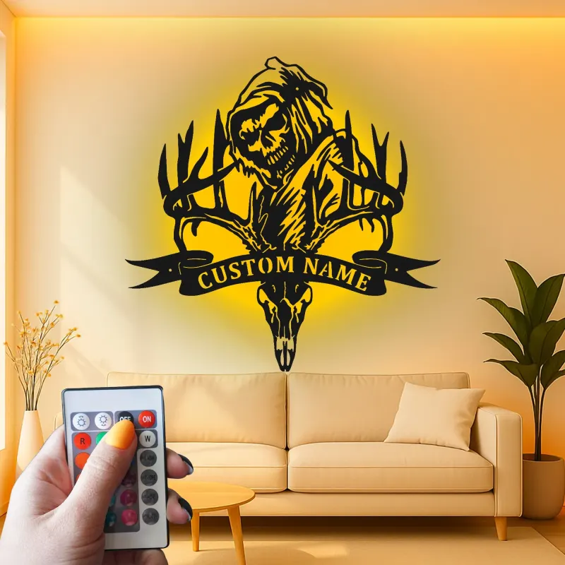 Plaque en métal Tête de cerf et Faucheuse | Décoration murale LED personnalisée pour chasseur | Déco sur mesure pour man cave et lodge