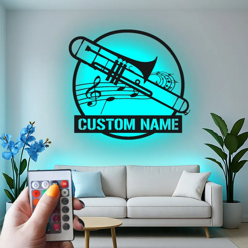 Décoration murale en métal personnalisée avec rétroéclairage LED Trombone - Cadeau pour Musicien - Décor de Salle de Musique pour Amateurs de Trombone