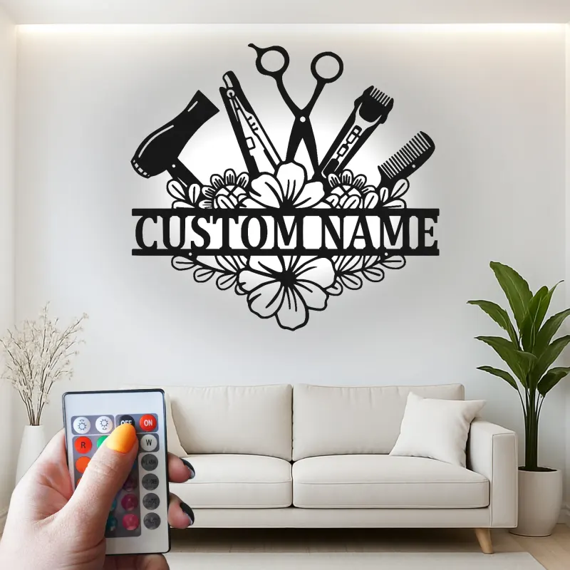 Insegna personalizzata per hairstylist | Decorazione murale LED in metallo su misura per salone | Regalo per parrucchiere e targhetta per beauty studio