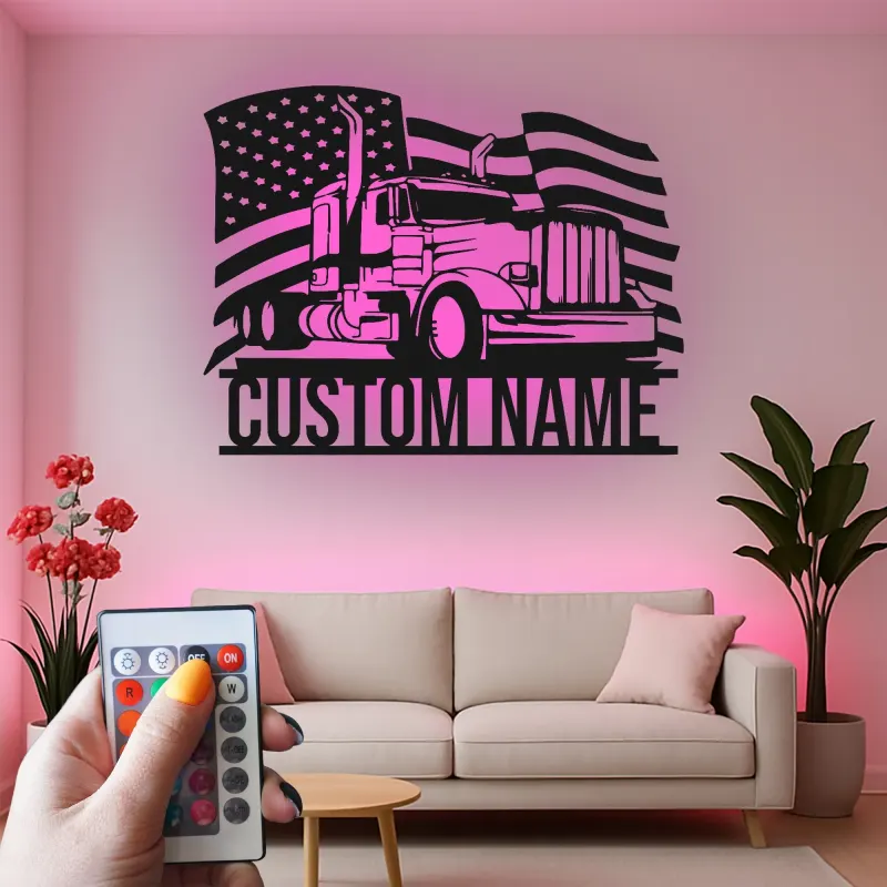 Personalized Semi Truck Metal Art | LED American Flag Sign | Patriotic Trucker Decor & Gift for Man Cave | Laser Cut Steel