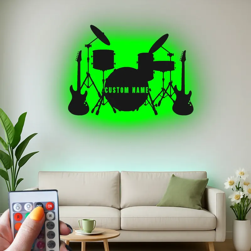 Custom Drum Set Led Light Metal Wall Art Personalized Musician Gift Studio or Music Room Decor 2