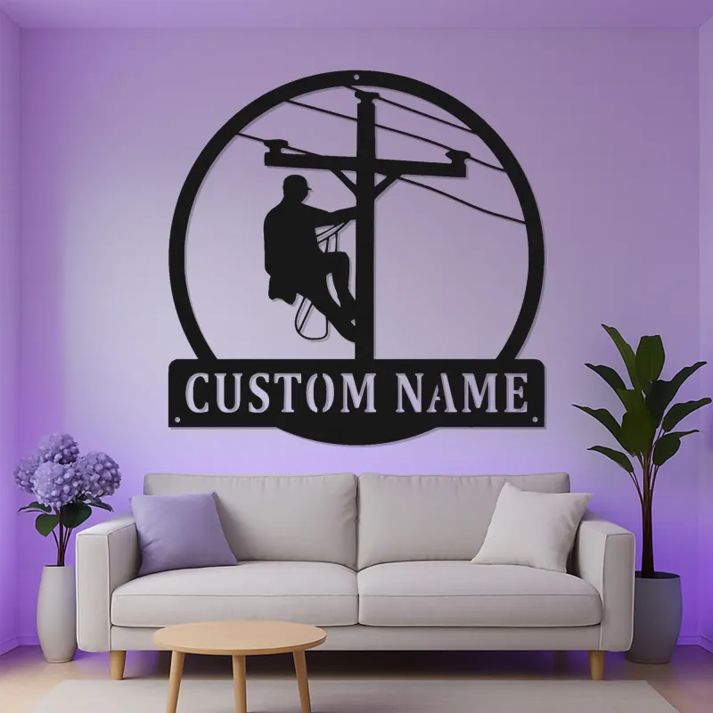Personalized Lineman Sign | LED Metal Wall Art for Electrician | Custom Name Powerline Decor | Gift for Utility Worker Dad Husband