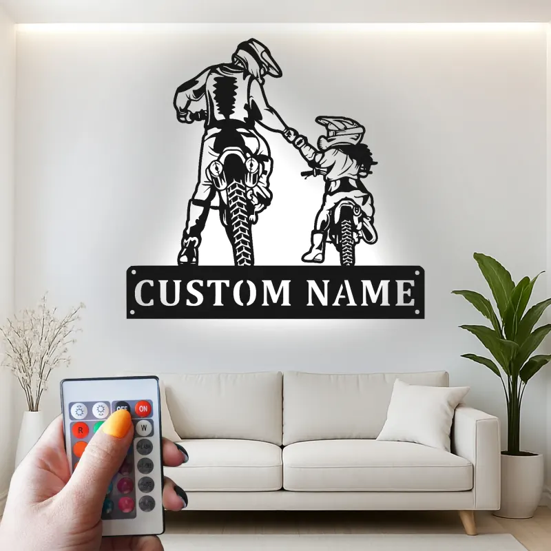 Personalisierte Motocross Vater und Kind LED Metall-Wandkunst – Geschenk für Papa, Garage oder Man Cave Dekor