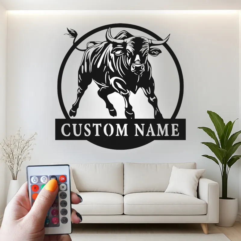 Insegna in metallo personalizzata con luce LED a forma di toro, regalo per lui, decorazione rustica per il ranch