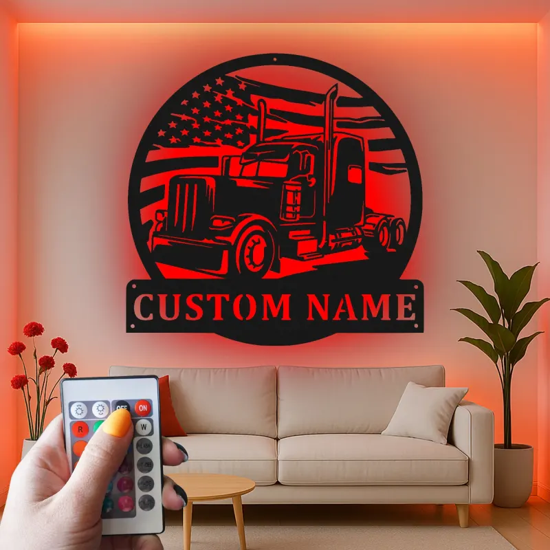 Panneau Métallique LED Personnalisé de Camion Semi | Art Mural avec Drapeau Américain | Cadeau Personnalisé pour Camionneur pour Man Cave & Garage