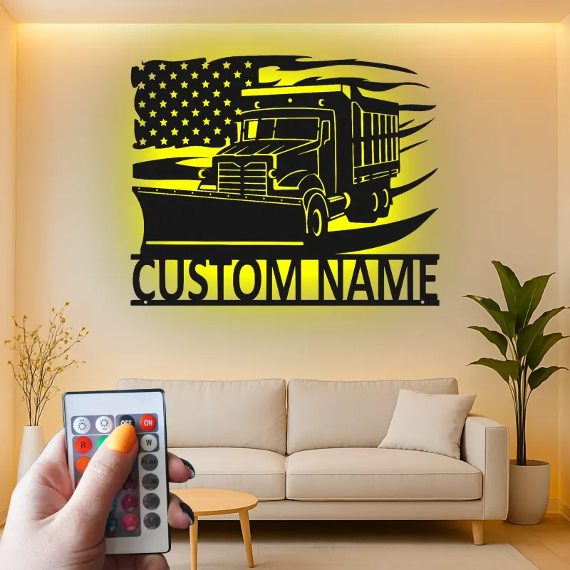 Insegna per Camion Spazzaneve Personalizzata | Arte da Parete in Metallo LED | Decorazione per Attrezzature Pesanti con Bandiera Americana | Regalo per Autista di Rimozione Neve