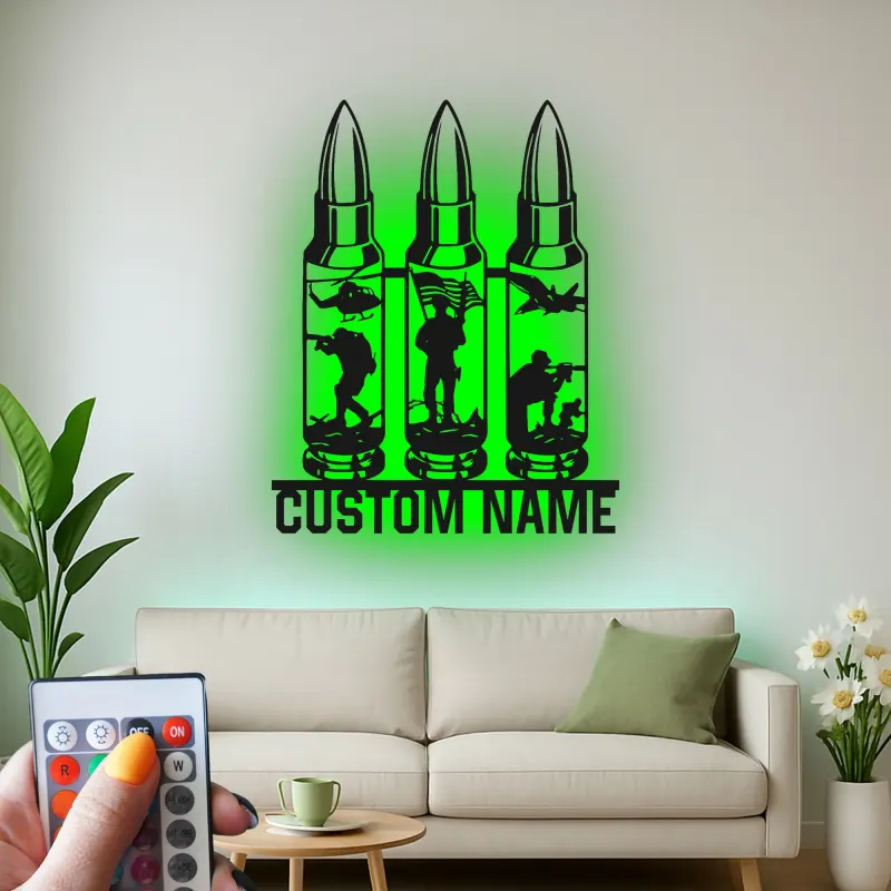 Personalized Soldier Silhouette LED Sign | Custom Military Metal Wall Art | Patriotic Veteran Tribute | Man Cave Decor With Name