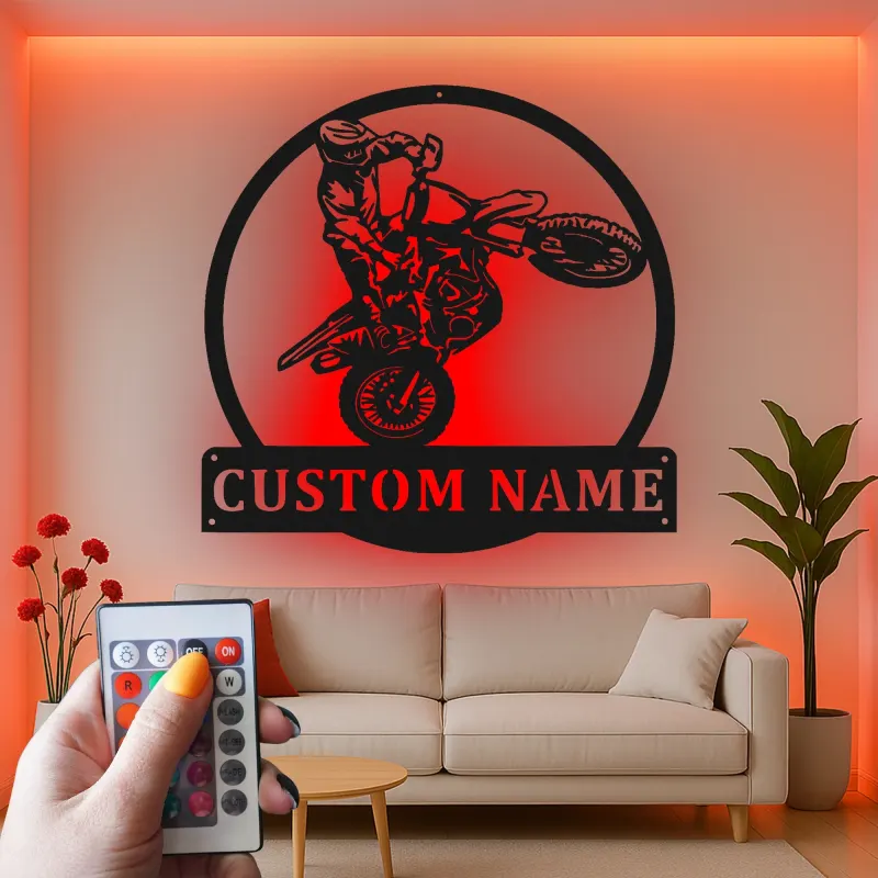 Custom Motocross Rider Led Light Metal Wall Art Personalized Gift for Dirt Bike Enthusiasts Garage Decor