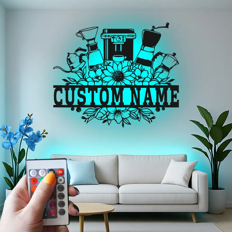 Insegna in metallo personalizzata con luce LED per macchina da caffè, regalo per amanti del caffè, decorazione per cucina e caffè