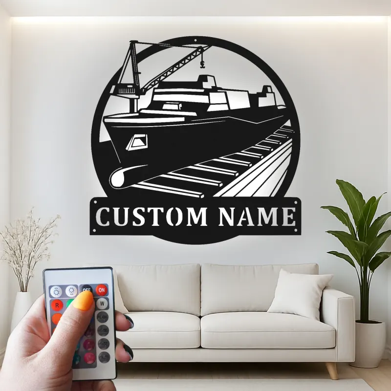 Panneau en métal de cargo personnalisé | Décor nautique en acier rétroéclairé | Art mural de bureau maritime | Cadeau personnalisé pour lui