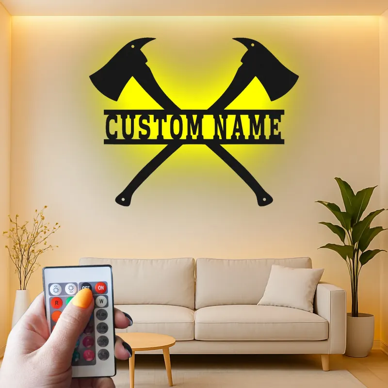 Custom Firefighter Axes LED Sign | Personalized Metal Name Art | Fire Station & Man Cave Decor | Fireman Gift