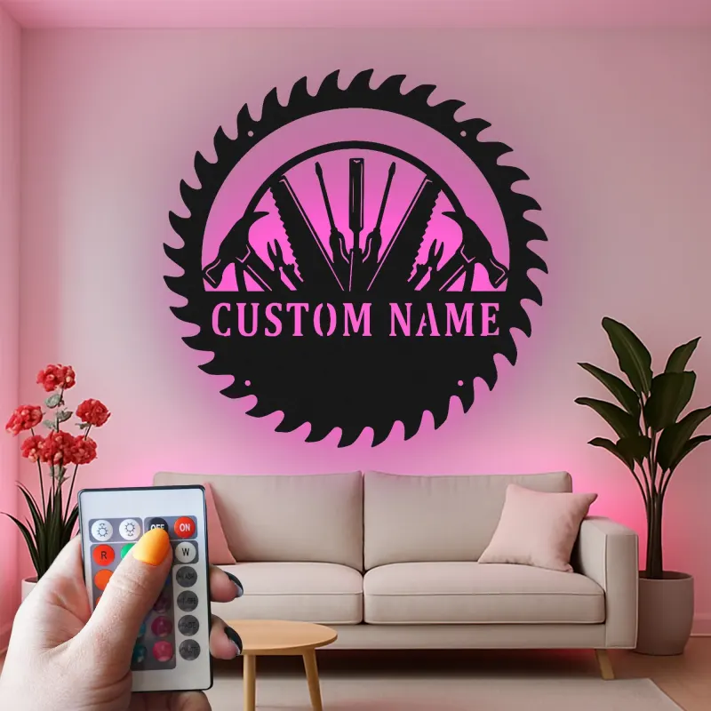 Décoration murale en métal personnalisée avec rétroéclairage LED en forme de lame de scie - Cadeau unique pour bricoleur, décoration de garage et d'atelier