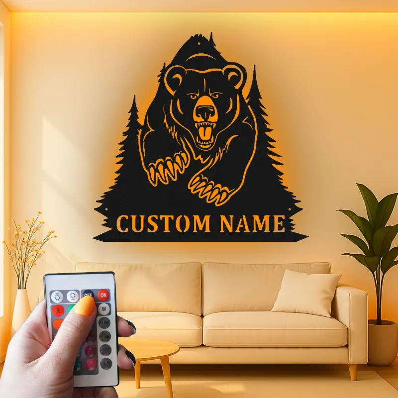 Insegna in metallo personalizzata con orso retroilluminato, regalo di fauna selvatica per amanti della natura, decorazione per cabina
