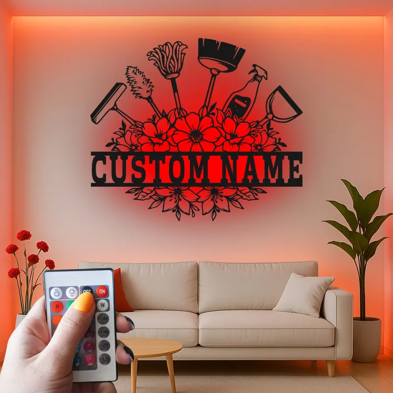 Custom Cleaning Tools Led Light Metal Wall Art Personalized Housewarming Gift Laundry Room Decor