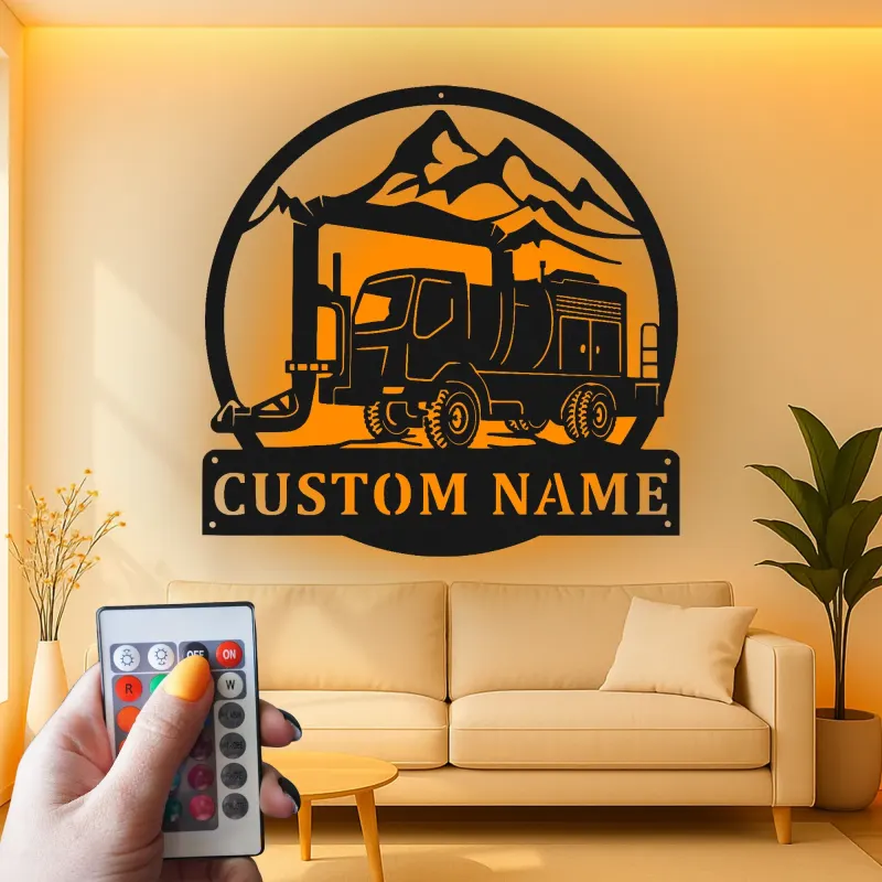 Custom Mountain Crane Truck Led Light Metal Wall Art Personalized Gift for Construction Enthusiasts Garage Decor