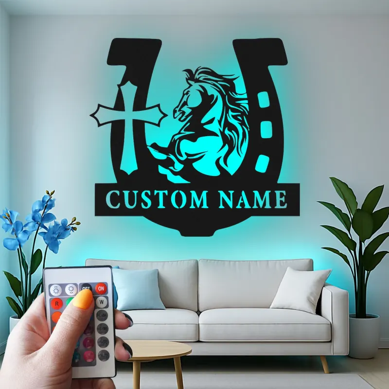 Personalized Horse & Cross LED Sign | Custom Horseshoe Metal Wall Art | Equestrian Gift for Rider | Barn, Stable & Ranch Decor