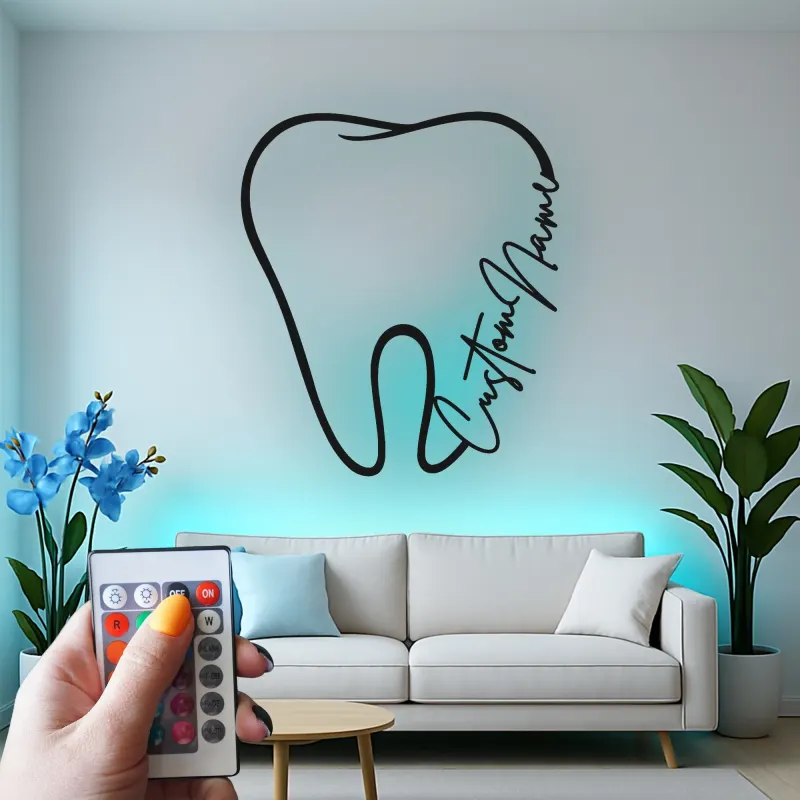 Personalisierte Zahnsilhouette-Schild | LED-Metall-Wandkunst | Dekor für Zahnarztpraxen | Geschenk für Hygieniker