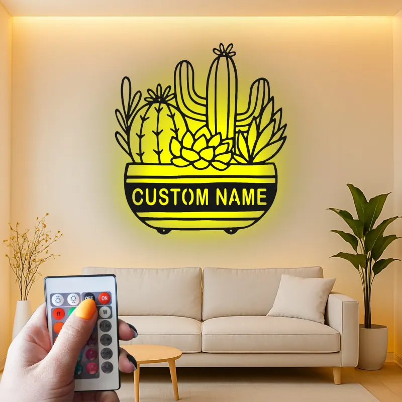 Cartel de metal personalizado con luz LED de suculenta de cactus, regalo de inauguración para decoración del salón del desierto