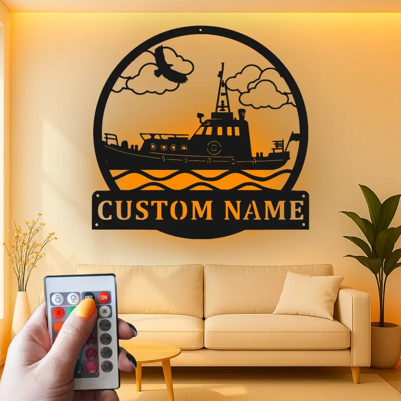 Décoration murale en métal personnalisée Remorqueur avec rétroéclairage LED Cadeau nautique pour les amoureux de bateaux Décor maritime personnalisé pour la maison