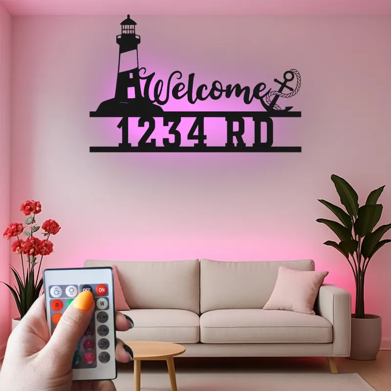 Insegna Indirizzo Faro LED | Arte di Benvenuto in Metallo Personalizzata | Decorazione Nautica per Casa al Mare e Clinica Costiera