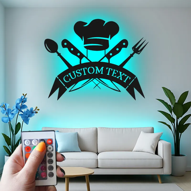 Décoration murale en métal personnalisée Chapeau de Chef et Ustensiles avec rétroéclairage LED