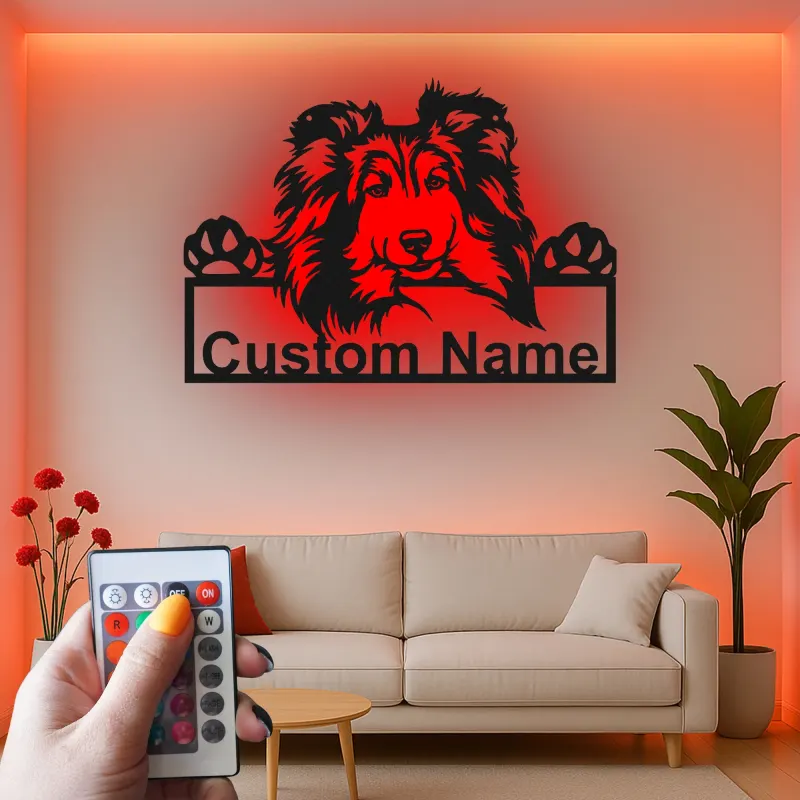 Décoration murale en métal personnalisée pour chien Shetland LED - Cadeau pour maman chien - Décor pour animaux de compagnie